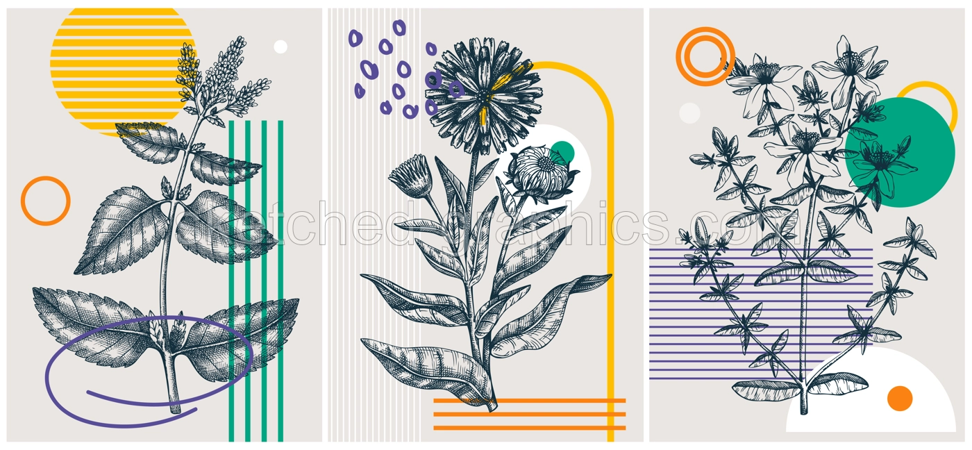 Collage-style summer herbs vector illustration. Hand-sketched floral banner set. Trendy design with botanical elements and geometric shapes. Elegant herbs for sketch print, poster, card, and wall art. Illustration